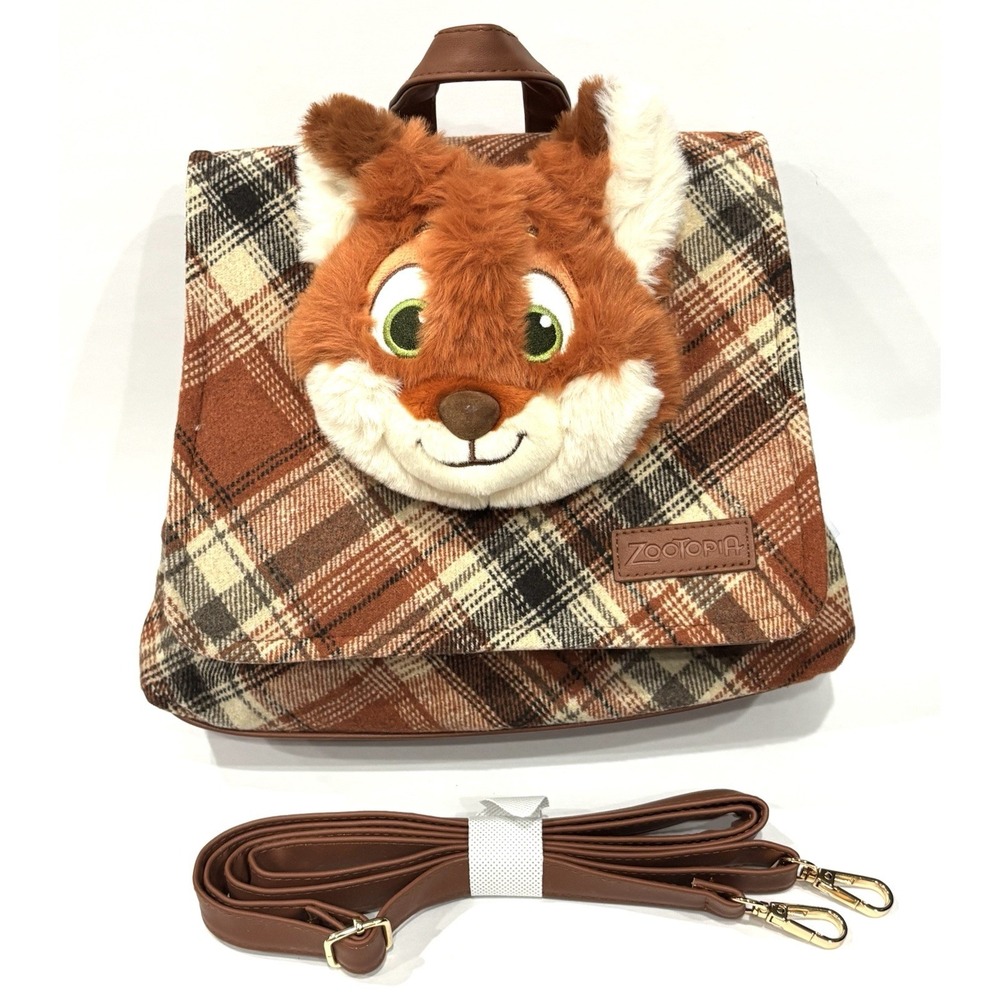 Disney Zootopia Nick Wilde Plush Plaid Convertible Crossbody Bag Potdemiel NWT